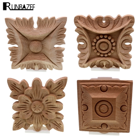 RUNBAZEF Flower Carving Natural Wood Appliques For Furniture Cabinet Unpainted Wooden Mouldings Decal Decorative Figurines ► Photo 1/6