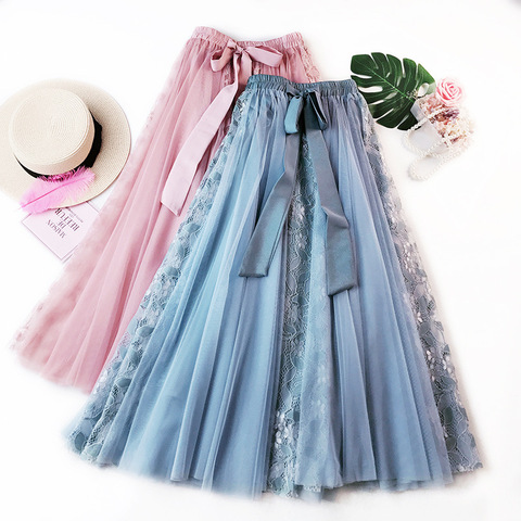 2022 New Spring Mesh Skirts Korean Oversized Lace Long Women Skirt Elegant Bow Patchwork Hollow Out Ball Gown Pleated Skirts ► Photo 1/6