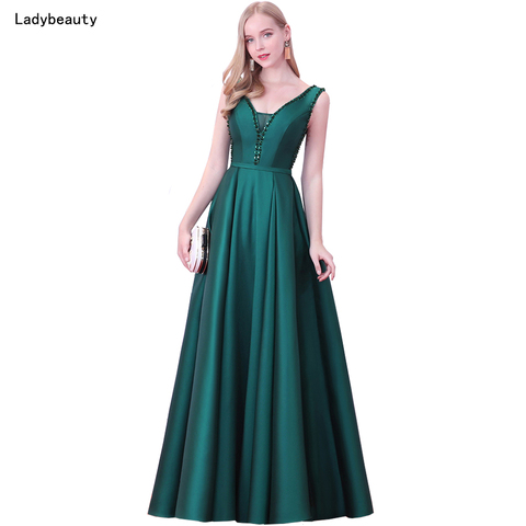 Ladybeauty  New V-Neck Beads Backless  A Line Long Evening Dress Party Elegant Vestido De Festa Fast Shipping Prom Gowns ► Photo 1/6