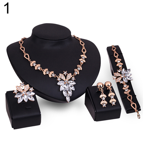 Fashion Women's Wedding Bracelet Necklace Dubai Gold Jewelry Set Clear Crystal Statement Ring Earrings Valentine's Day present ► Photo 1/6