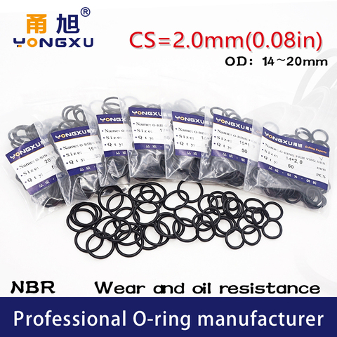 50PCS/lot Black NBR Sealing O-Ring CS2mm Thickness OD14/15/16/17/18/19/20*2mm O Ring Seal Rubber Gasket Nitrile Oil Rings Washer ► Photo 1/6