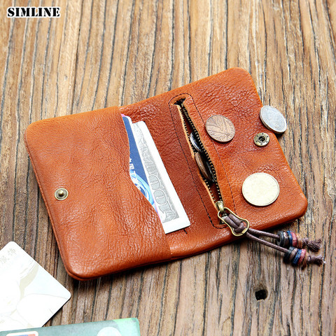 SIMLINE Genuine Leather Wallet Men Women Vintage Handmade Short Bifold Small Slim Wallets Purse Female With Zipper Coin Pocket ► Photo 1/6