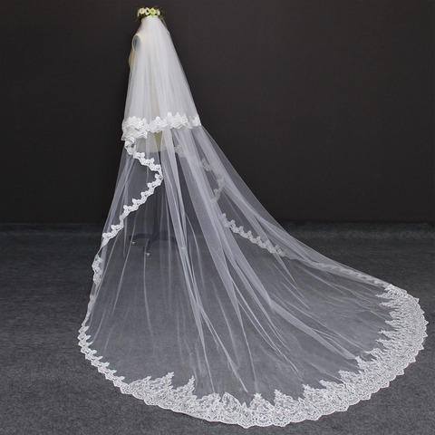 Janes Dress Studio 2 Layers Sequins Lace 3 Meters Cathedral Wedding Veils with Comb White Ivory Bridal Veil