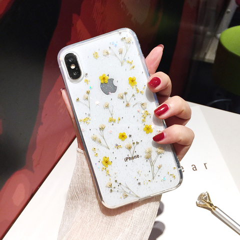 Qianliyao Transparent Glitter Dried Flower Phone Case For Samsung Galaxy A20 A21 A40 A50 A71 A51 A71 A81 A91 Real Flowers Cover ► Photo 1/3