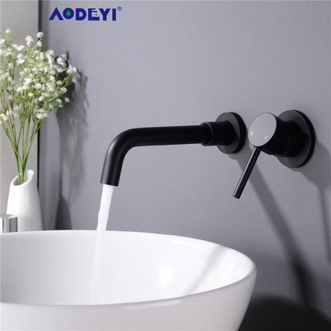 Matt Black Brass Faucet Wall Mount Washbasin Taps Single Lever Bathroom Sink Faucets Hot and Cold Water Mixer Brushed Gold Tap ► Photo 1/6
