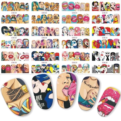 1 set 12 Nail Designs Full Cover Water Transfer Sticker Fashion Sexy Cute Designs slider Cool Girl Lips Nail beauty decoration ► Photo 1/6