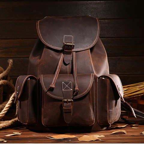 Top Quality Crazy Horse Cowhide First Layer Knapsack Male Computer Bag School Bags Vintage Genuine Leather Rucksack Men Backpack ► Photo 1/6