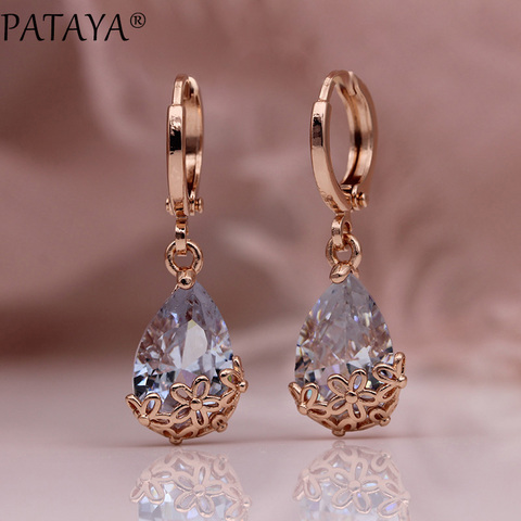 PATAYA New White Water Drop Long Earrings 585 Rose Gold Patterned Asymmetry Cute Dangle Earrings Women Wedding Fashion Jewelry ► Photo 1/6