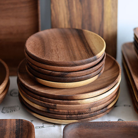 Round Wooden Plates High Quality Acacia Wood Serving Tray Cake Dishes Tableware Plate for Dessert Salad 2 Sizes Wood Utensils ► Photo 1/6