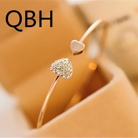 L043 Hot New Fashion adjustable Crystal Double Heart Bow bilezik Cuff Opening Bracelet Women Jewelry Gift Girl mujer pulseras ► Photo 1/5
