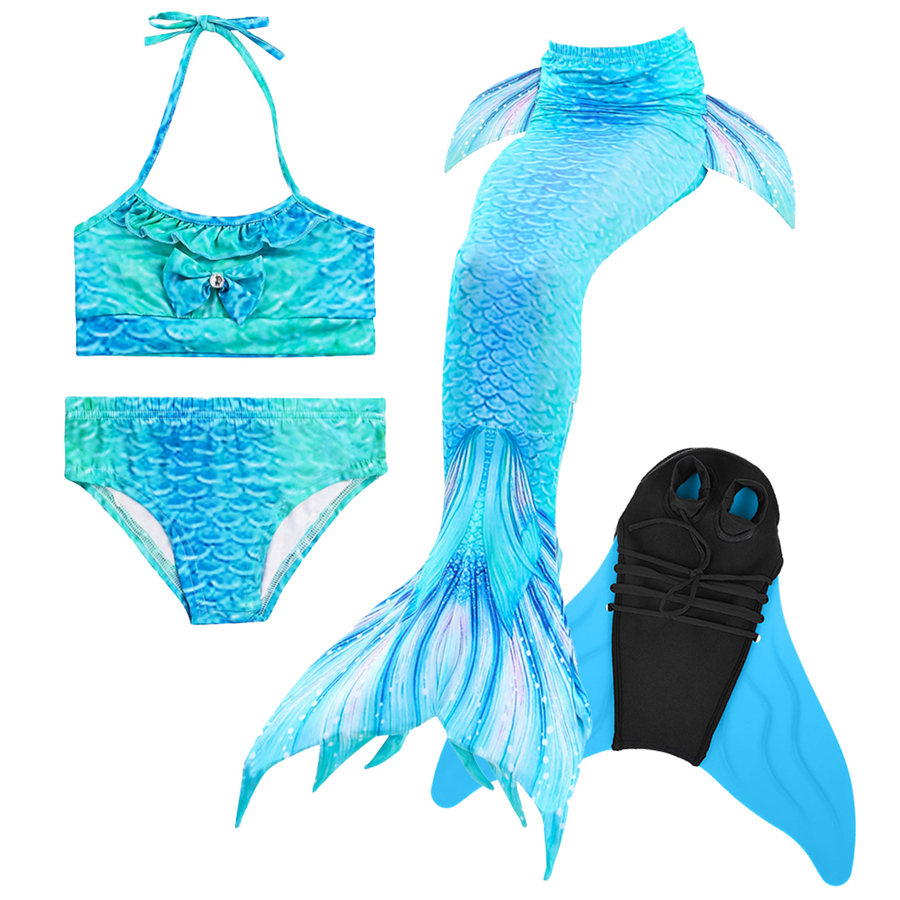 Kids Girls Fish Tail Swimmable Monofin Tail Swimming Bkini set Costumes Flippers 