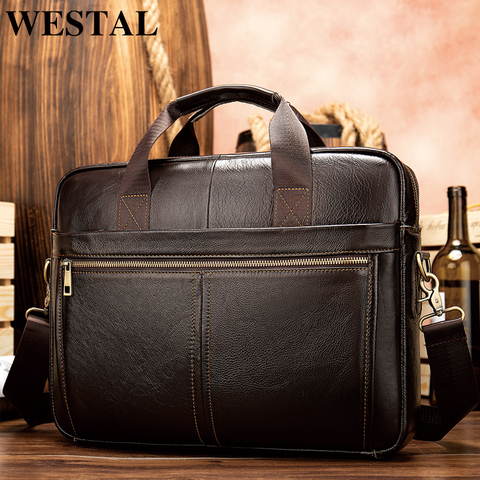 WESTAL briefcase messenger bag men's genuine leather 14'' laptop bag men's briefcases office business tote for document 8572 ► Photo 1/6