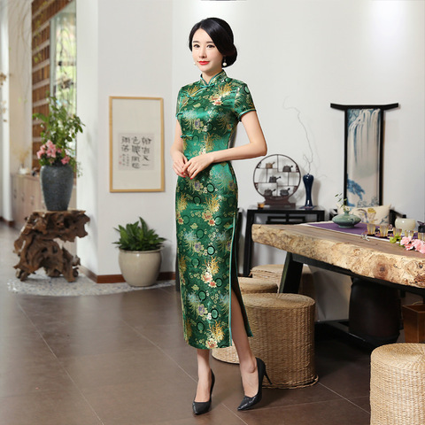 2022 New High Fashion Green Rayon Cheongsam Chinese Classic Women's Qipao Elegant Short Sleeve Novelty Long Dress S-3XL C0136-D ► Photo 1/5