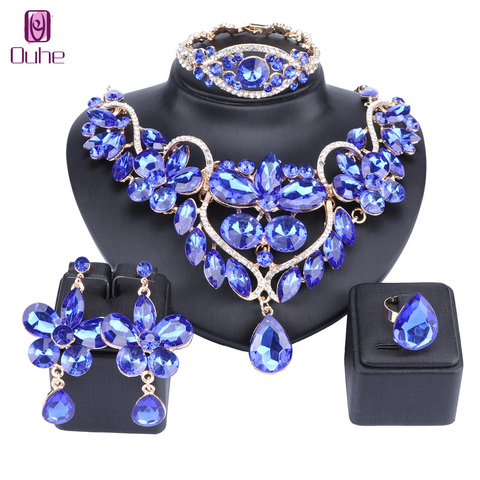 Luxury Crystal Rhinestone Flower Necklace Bracelet Earrings Ring Set For Women Wedding Bridal Jewelry Sets 5 Colors ► Photo 1/6