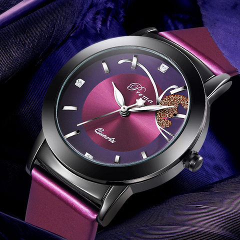Prema Women Watches Ladies Quartz Watch Shining Bracelet Purple Leather Strap Wristwatches Fashion Butterfly Dial Design Clock ► Photo 1/6