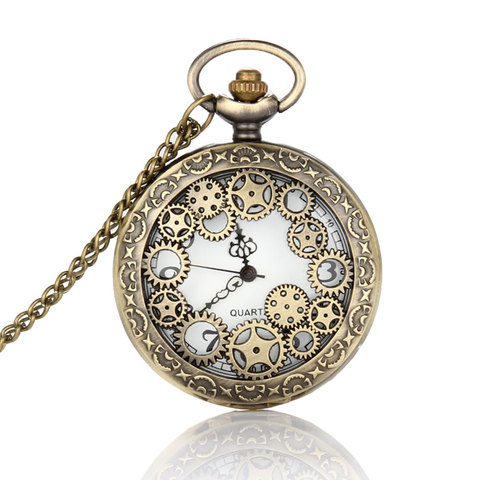 Retro Design Pocket Watch Hollow Gear Fob Watch Vintage Bronze Pocket Watch Necklace Chain Pendant Girt For Women Men  LL@17 ► Photo 1/1