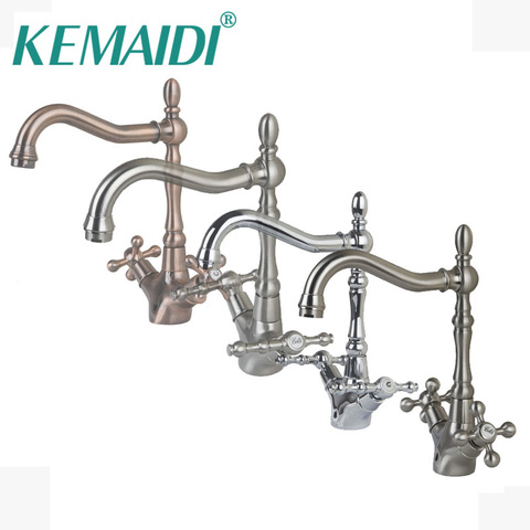 KEMAIDI Antique Brass & chrome & Brushed Nickel Bathroom Sink  Mixer Basin Faucets Retro 2 handles 1 Hole Tap Deck Mounted ► Photo 1/6