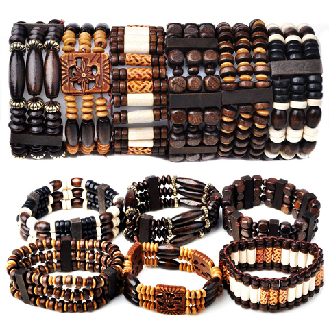 Mix Lot 5Pcs/lot Natural Wood Beads Charm Bracelets Fashion Jewelry Mix Style Wooden Adjustable Bracelet Cuff Bangle Wholesale ► Photo 1/6