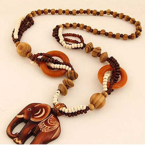 KUNIU Boho Jewelry Ethnic Style Long Hand Made Bead Wood Elephant Pendant Necklace for Women Price Decent ► Photo 1/5