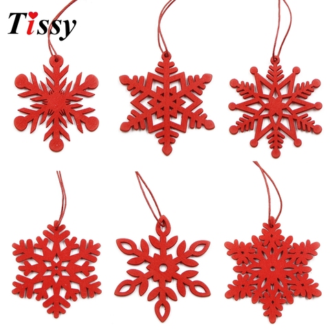 6PCS Christmas Snowflakes White&Red Wooden Pendants Ornaments DIY Craft Xmas Tree Ornament Christmas Party Decorations Kids Gift ► Photo 1/6