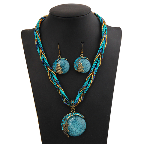 Hesiod Bohemian Natural Stone Pendants& Necklaces Blue Crystal Drop Earrings Round Multi-layer Chain Braided Wedding Jewelry Set ► Photo 1/6