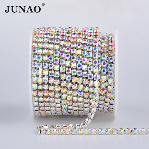 JUNAO SS6 8 10 12 16 18 Glass AB Crystal Rhinestones Chain Silver Metal Trim Strass Ribbon Banding Crystal Applique for Crafts ► Photo 1/6
