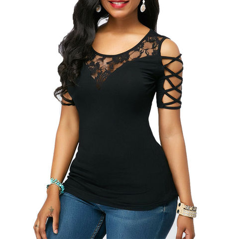Personality Fashion  Women Cold Shoulder Round Neck T Shirts Summer Short Sleeve Floral Lace Slim Tee Tops ► Photo 1/5