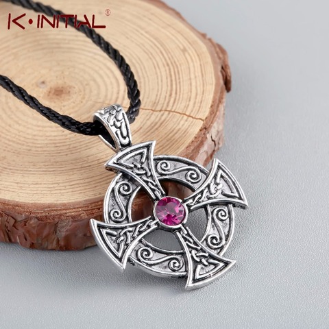 Kinitial Viking Necklace Pewter Solar Cross Celtic Druid Pagan Irish Pendant on Leather Necklace Men Jewelry Bijoux Femme ► Photo 1/6