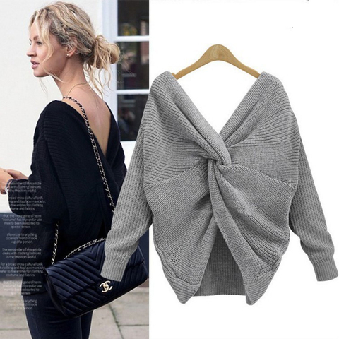 6 Colors V Neck Beauty Back Sweater Women 2022 Autumn Winter Knitted Sweater Pullover Womens Jumper Pull Femme Loose Sweater ► Photo 1/6