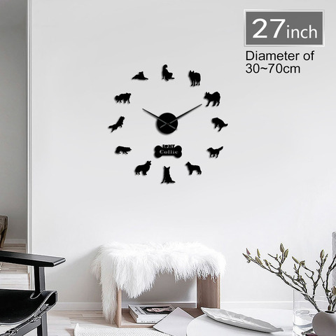 Border Collie Dog Breed Animal 3D DIY Wall Clock Border Colly Silhouette Acrylic Mirror Sticker Mute Clock Watch Pet Lover Gift ► Photo 1/6