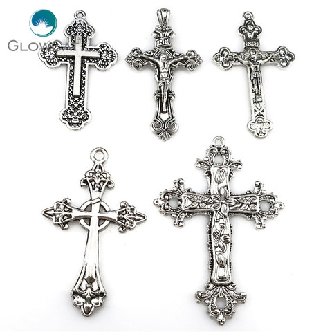MIX 5pcs/lot Vintage Silver Zinc Alloy Big Jesus Cross Pendant Religious Faith Charm Frame Jewelry Finding Making 22398 ► Photo 1/3