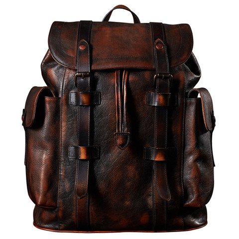 Luxury Mens Cow Leather Backpack Mens Bag Dark Brown Simple Military Style ► Photo 1/1