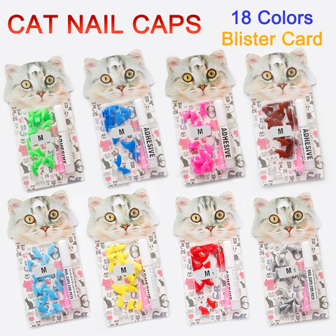 20pcs /lot Fashion Blister Card Soft Silicone Cat Nail Caps Cat Paw Claw Pet Nail Protector With Adhesive Glue And Applicator ► Photo 1/6