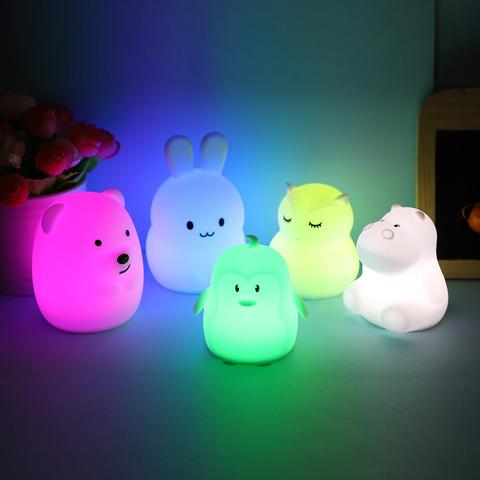 Mini Bear Rabbit Hippo Owl Penguin RGB LED Night Light Portable Cute Cartoon Silicone Animal Lamp for Children Kids Baby Gift ► Photo 1/6