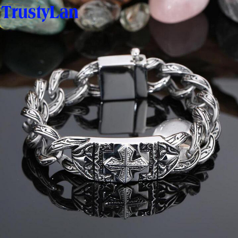 TrustyLan Retro Chain Link Bracelet Men 17MM Wide Heavy Cross Stainless Steel Men's Bracelets Cool Punk Male Jewelry Wristband ► Photo 1/6