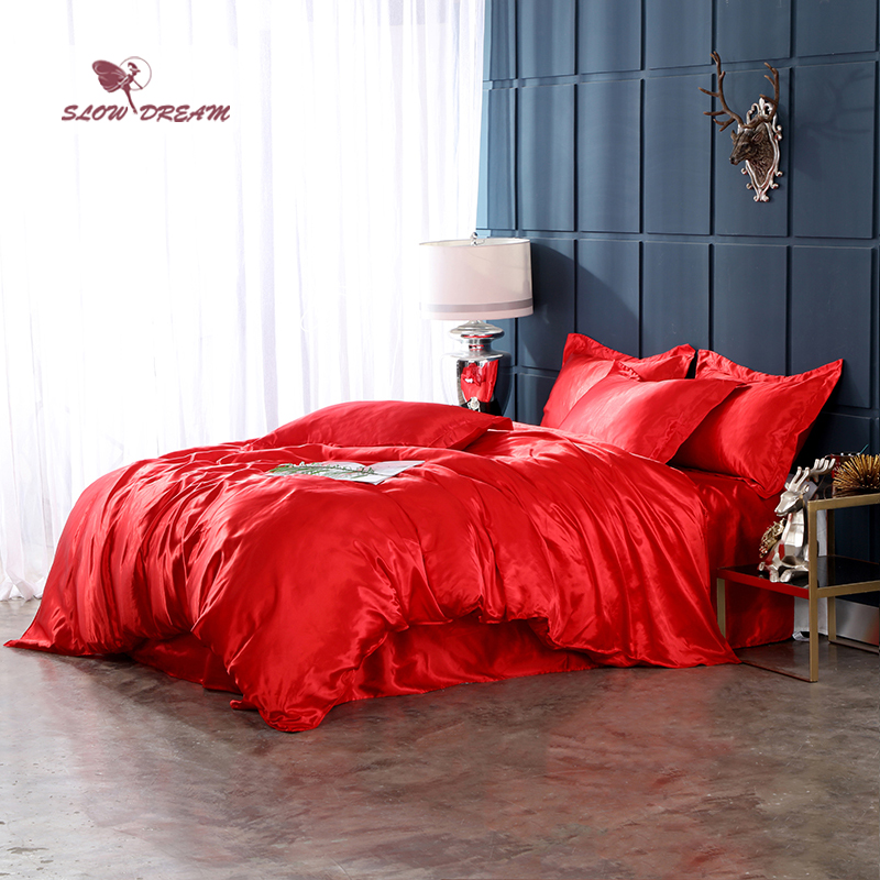 Satin Silk Luxury Bedspread Bed Flat, Red Silk Duvet Cover Set Queen