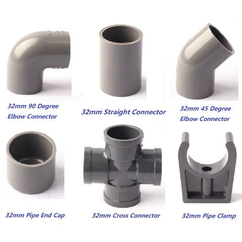 32mm Water Pipe Series PVC Connector Fittings Garden Elbow Straight Cross Connector Gray Plastic Irrigation Tube Coupling Joints ► Photo 1/6