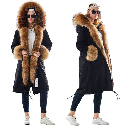 MAOMAOKONG plus size winter natural raccoon parkas black raccoon fur lining X long jacket coat ► Photo 1/1