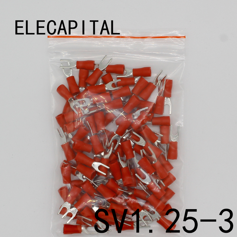 100Pcs Red SV1.25-4 Furcate Pre-Insulating Fork Spade 22~16AWG Crimp Terminals M 