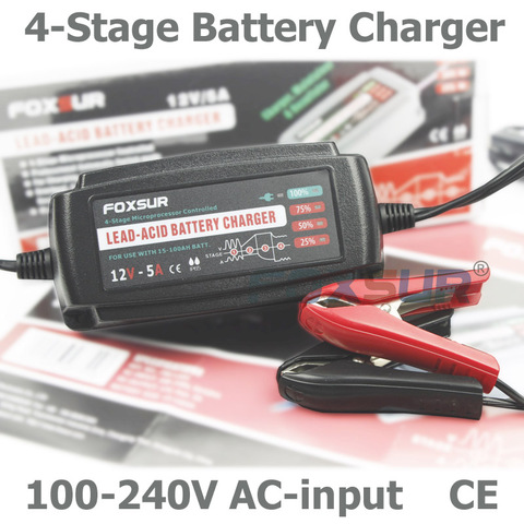 FOXSUR 12V 5A Automatic Smart Battery Charger, Maintainer & Desulfator for Lead Acid Batteries, Car Battery Charger 100-240V In ► Photo 1/5