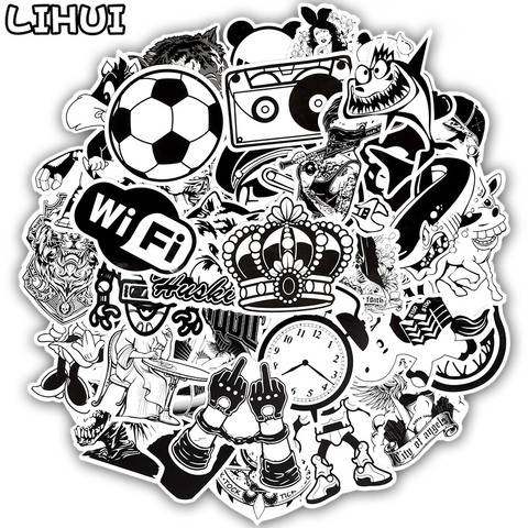 50pcs Black and White Series Sticker Graffiti Rock Funny Waterproof Stickers for DIY Luggage Laptop Guitar Motorcycle Stickers ► Photo 1/6