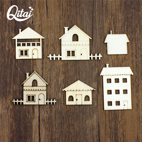 QITAI 18pcs Wooden Slices House Shaped Creative DIY Wood Crafts Decorations Pendants Embellishments Home Handmade Craft WF261 ► Photo 1/6