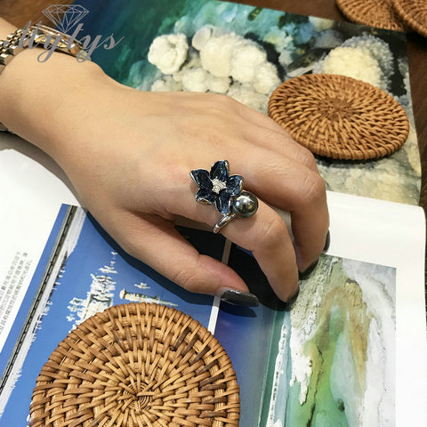 Mytys Dark Blue Enamel  Flower Rings for Women Black Pearl Ring Fashion  Party Jewelry High Quality Drop Shipping R2007 ► Photo 1/1