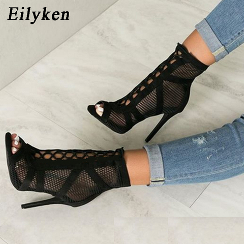 Eilyken 2022 Fashion Black Summer Sandals Lace Up Cross-tied Peep Toe High Heel Ankle Strap Net Surface Hollow Out Sandals ► Photo 1/6