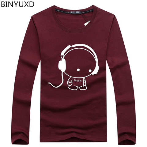 BINYUXD Brand Hot Sale Fashion Men Long Sleeve T-Shirt Casual Rock Headset Earphone Dogs Music Printing Tops Cool O-neck ► Photo 1/6