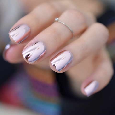 Reflective Mirror Light Soft Pink Metal Plating False French Acrylic Nail Tips Metallic Square Fake Nails Without Nail Glue ► Photo 1/6