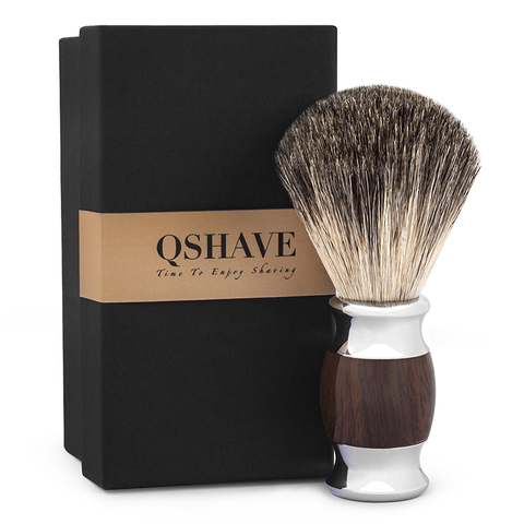 Qshave Man Pure Badger Hair Shaving Brush Wood 100% for Razor Safety Straight Classic Safety Razor 11.5cm x 5.6cm Wood Grain ► Photo 1/6