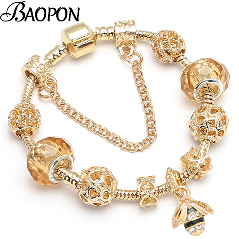 BAOPON Luxury Crystal Bees Gold Color Charm Bracelet For Girl Murano Glass Beads Fine Bracelet For Women Couple DIY Jewelry Gift ► Photo 1/6