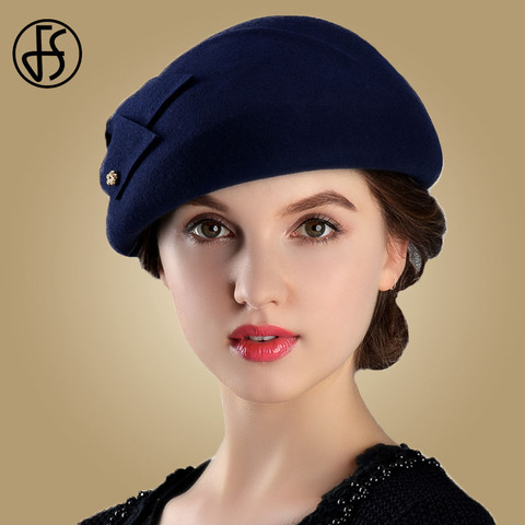FS French Berets Caps For Women Fashion 100% Wool Felt Fedora Hat Winter Blue Purple Red Church Female Vintage Cloche Hats ► Photo 1/6