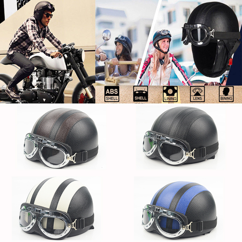 Motorcycle Leather Helmet Goggles Men Women Vespa Open Face Half
